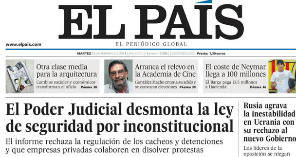 Primera página de El País donde se anuncia que el CGPJ había desmontado la nueva ley de Seguridad Ciudadana, cuando no era cierto.