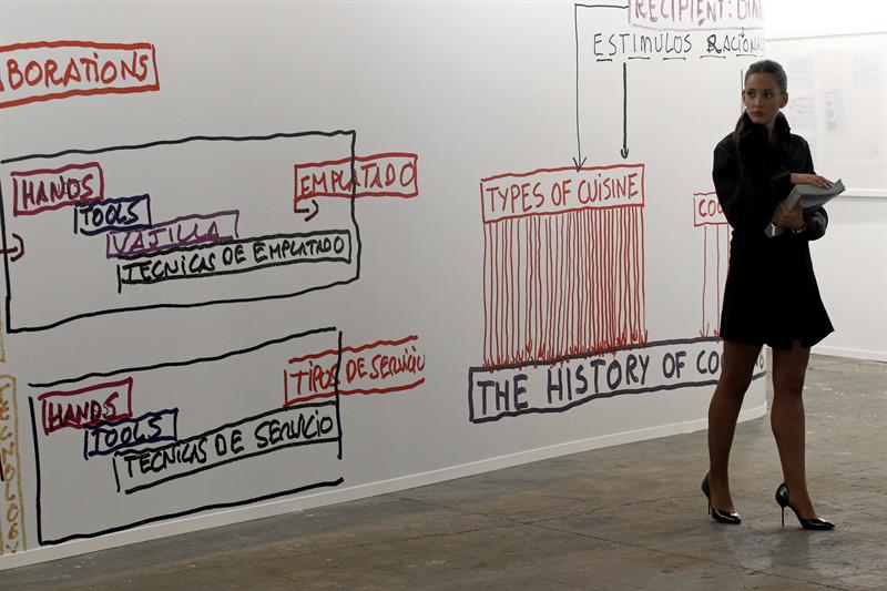 Vista de algunos de los apuntes y dibujos que describen el mapa del proceso culinario de Ferrán Adriá, expuestos en Arco. / Chema Moya (Efe)