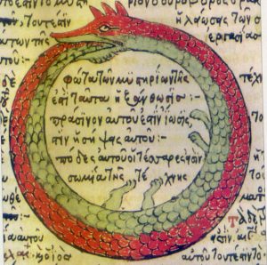 Uróboros simboliza en varias culturas el eterno retorno. Aquí aparece la serpiente en un texto griego de alquimia. Wikipedia.org
