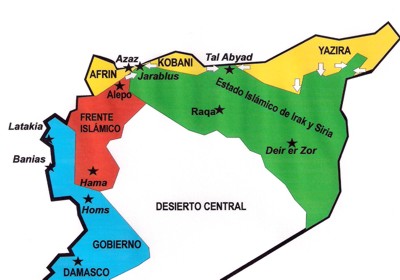 LOS TRES CANTONES DE ROJAVA: Las regiones de Afrín, Kobani y Yazira (de color amarillo) han consolidado su autogobierno con la creación de sus propias fuerzas armadas y desde hace meses intentan expulsar de su territorio a las fuerzas islamistas con sucesivas operaciones militares (flechas blancas).