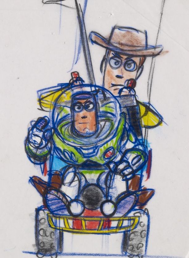 Bob Pauley. Woody y Buzz (Toy Story, 1995). Reproducción a rotulador y lápiz. / obrasocial.lacaixa.es