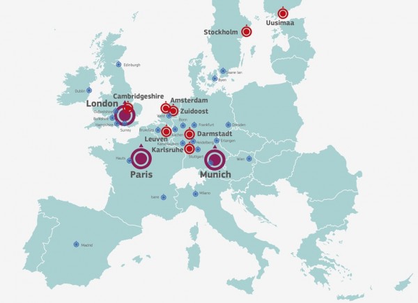El mapa muestra los 34 polos europeos de excelencia tecnológica. El tamaño del circulo indica su posición en el ranking. Comisión Europea