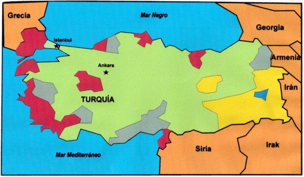 El nuevo mapa político de Turquía. El color verde indica las victorias del AKP en los pasados comicios municipales, el granate las del CHP, el gris corresponde a los triunfos del MHP y el amarillo a los del BDP. / Manuel Martorell