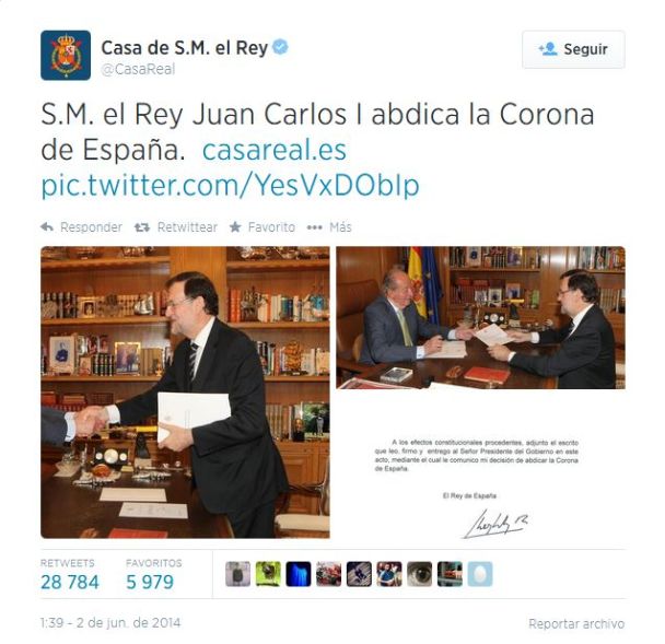 Captura de la imagen de la página de la Casa Real en la que se informaba de la abdicación del Rey.