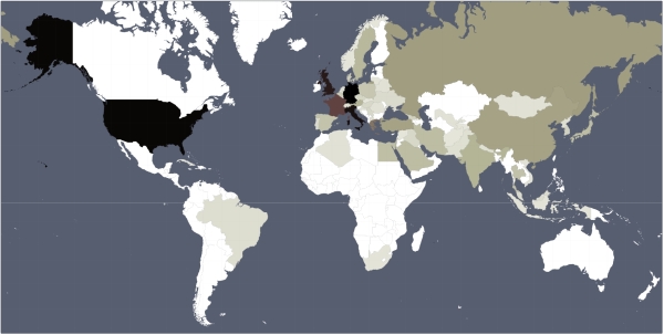 Top 100 Historia El mapa muestra los países con mayor número de personajes en el Top 100 de la historia (en negro) y en orden decreciente hasta el cero (en blanco). Dima Shepelyansky et al.