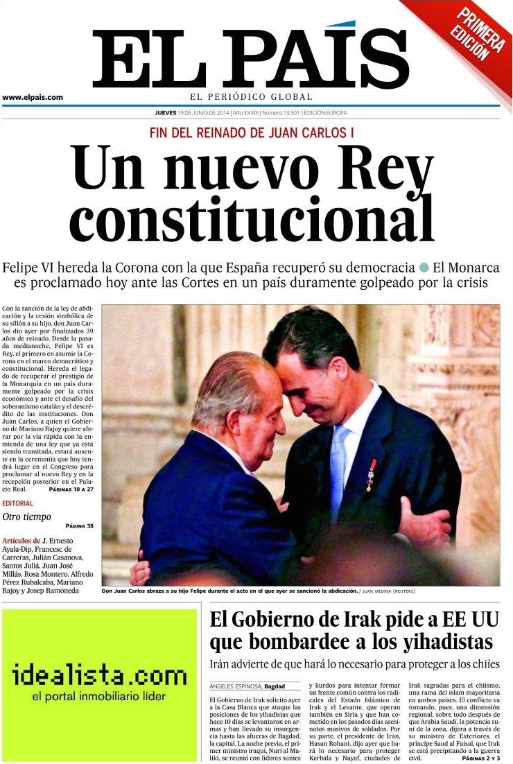 Portada del diario 'El País' el pasado 19 de junio.