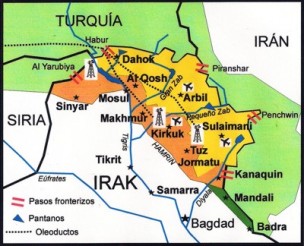 La zona marrón señala los territorios en disputa. En verde oscuro la franja no controlada por los peshmergas y en verde claro las regiones kurdas de Irán, Siria y Turquía. / Manuel Martorell