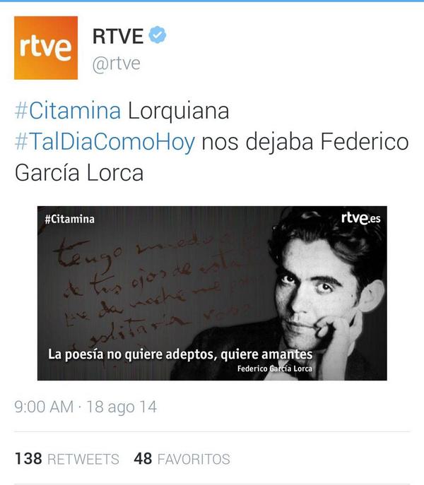 Captura del comentario sobre Federico García Lorca en el Twitter de RTVE.