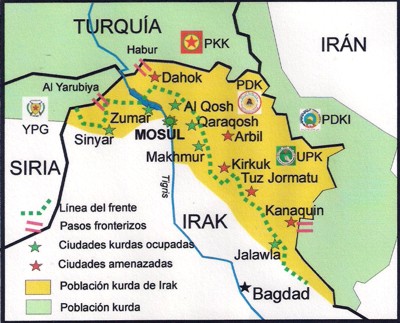 El mapa muestra la actual situación del Kurdistán iraquí y la zona donde por lo general actúna los distintos partidos. / Manuel martorell