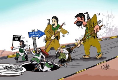 Caricatura de Silo mostrando cómo los kurdos "barren" a los yihadistas. / Karikaturistyahiasilo