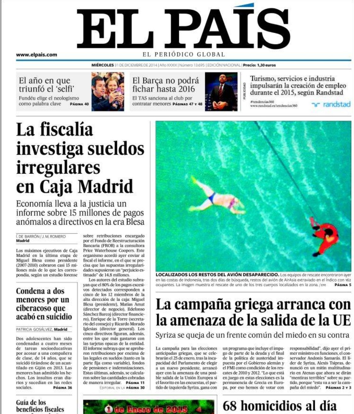 Captura de la portada de 'El País' del pasado.