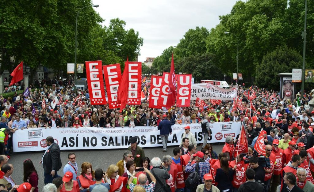 Cabecera de la manifestación del 1 de mayo convocada por CCOO y UGT en Madrid. / Fotos: Miguel Muñoz