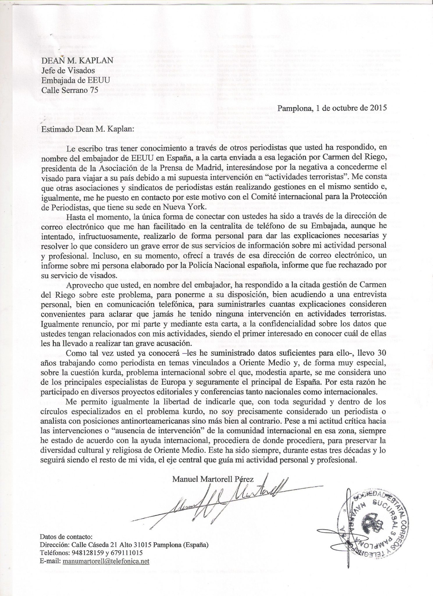 Burofax que Manuel Martorell remitió al jefe de visados de la embajada americana,