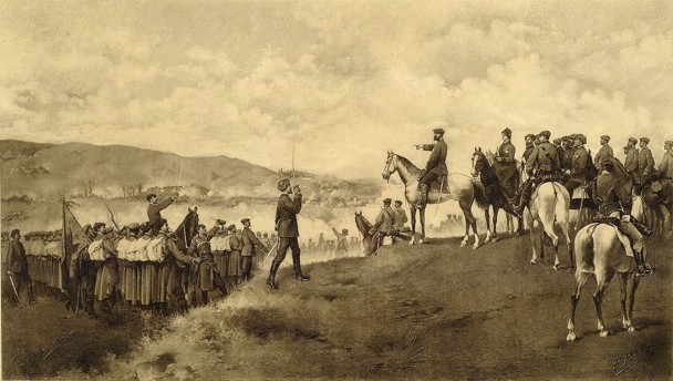 El pretendiente, Carlos VII, pasa revista a los voluntarios poco antes de comenzar la batalla de Montejurra en 1873. /Museo de Zumalakarregi (Diputación de Gipuzkoa)