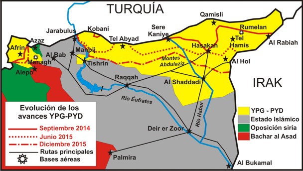 Las líneas rojas muestran los progresos de las YPG y la zona amarilla su actual expansión. / Manuel Martorell