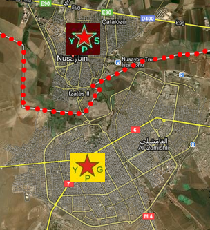 El mapa muestra la proximidad de Nusaybin y Qamisli, solo separadas por la fronter (linea punteada).