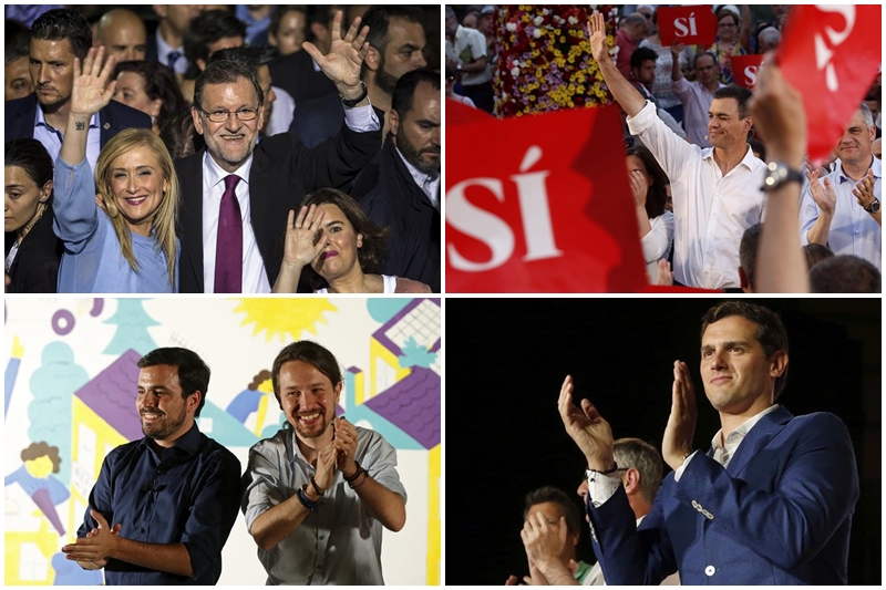 De izquierda a derecha y de arriba a abajo, los actos de PP, PSOE, Unidos Podemos y Ciudadanos, ayer por noche, para dar comienzo a la campaña electoral / Fotos: Efe