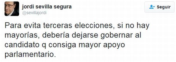 Captura del mensaje de esta mañana de Jordi Sevilla en su cuenta de Twitter. / @sevillajordi