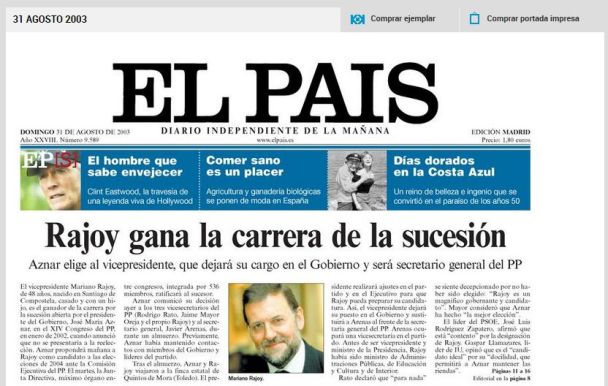 Captura de la portada de el diario El País del 31 de agosto de 2003 con la noticia del relevo de José María Aznar por Mariano Rajoy al frente del Partido Popular.