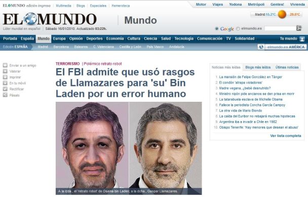 Noticia del diario 'El Mundo' fechada el 16 de enero de 2010 en la que se informaba que el FBI admitía que utilizó, por error, rasgos de Gaspar Llamazares para elaborar un retrato robot de Bin Laden.