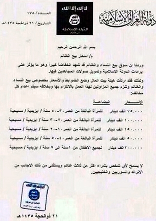 Documento del Estado Islámico indicando los precios de las esclavas.