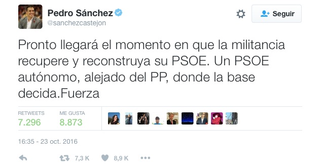 Tuit de Pedro Sánchez tras el Comité Federal.