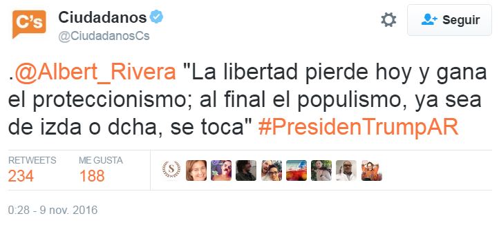 Tuit colgado esta mañana por Albert Rivera valorando el resultado de las elecciones norteamericanas.