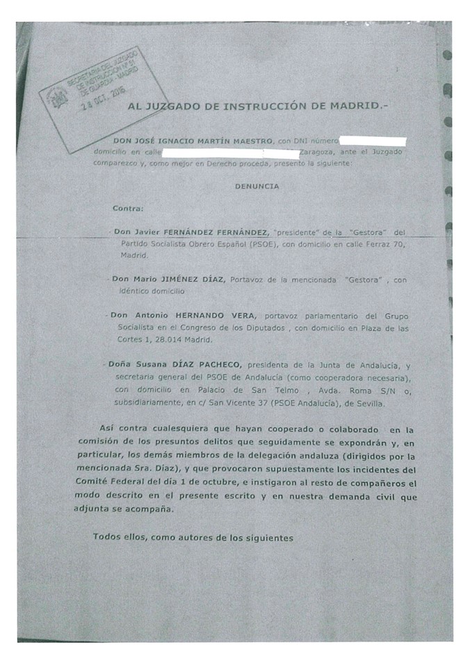 Primera hoja de la denuncia interpuesta por Martín Maestro. / Fb.