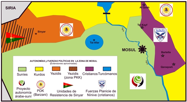 El mapa muestra, esquemáticamente, las posible autonomías y las fuerzas en presencia. / M. M.