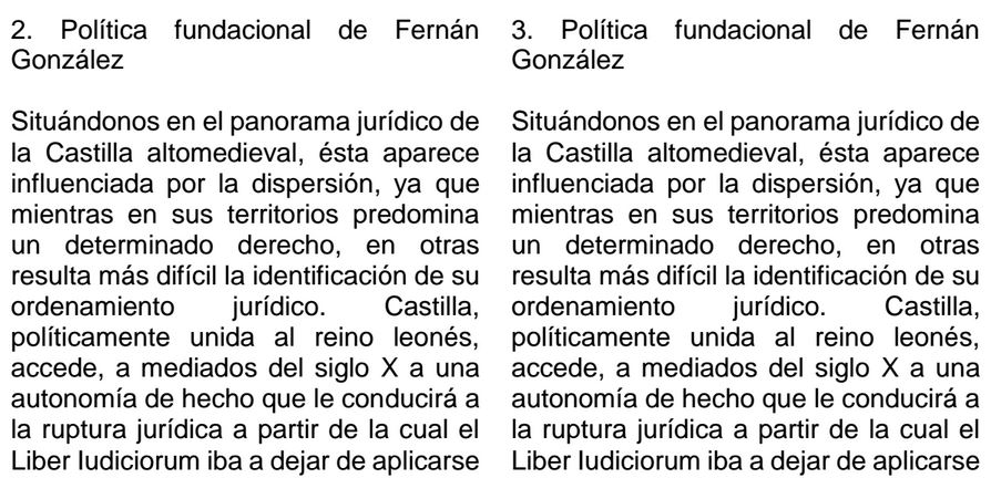 A la izquierda, un párrafo de "Las donaciones condales en la zona del Pisuerga: Santa Maríade Rezmondo y Melgar de Suso", publicado en 2002 en el Anuario de Historia del Derecho español; a la derecha, otro de "Fernán González y el Condado de Castilla", publicado en 2015 con la firma de Fernando Suárez Bilbao