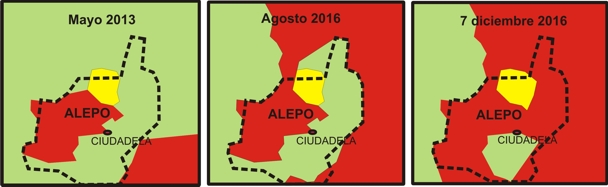 Evolución de las zonas de Alepo controladas por el régimen (rojo), rebeldes (verde) y kurdos (amarillo). / Manuel Martorell
