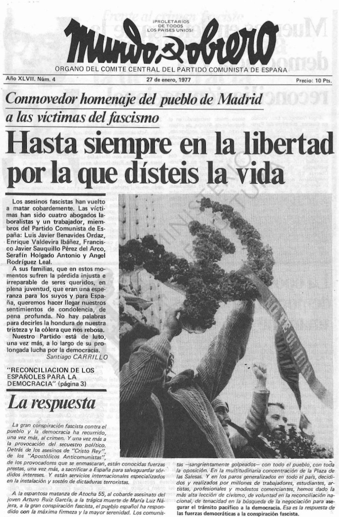 Portada de 'Mundo Obrero' tras el funeral por los abogados asesinados.