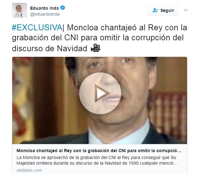 Tuit de Eduardo Inda anunciando una exclusiva del supuesto chantaje al rey emérito con grabaciones del CNI