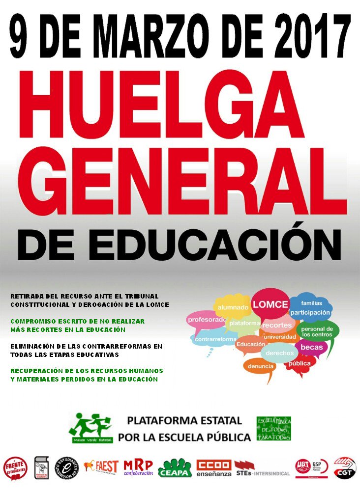 Cartel para la huelga general de educación del 9M. / Plataforma Estatal por la Escuela Pública.