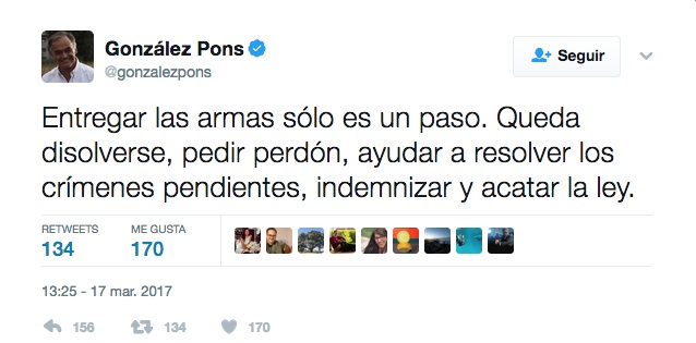 Tuit de González Pons tras el anuncio de desar,e incondicional y unilateral de ETA.