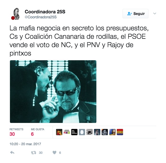Tuit de la Coordinadora 25S sobre la negociación de los Presupuestos.