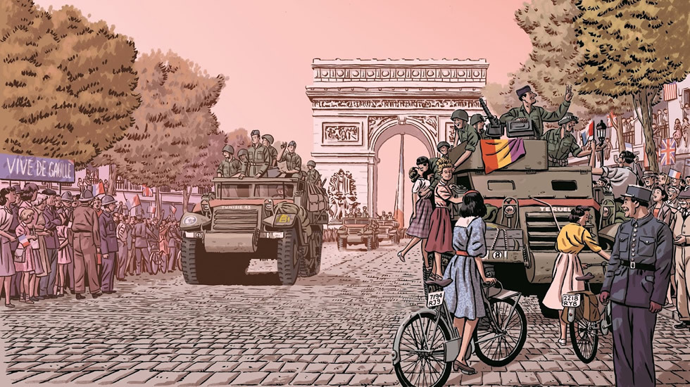 Recreación artística del desfile del batallón español La Nueve por los Campos Elíseos tras la liberación de París.