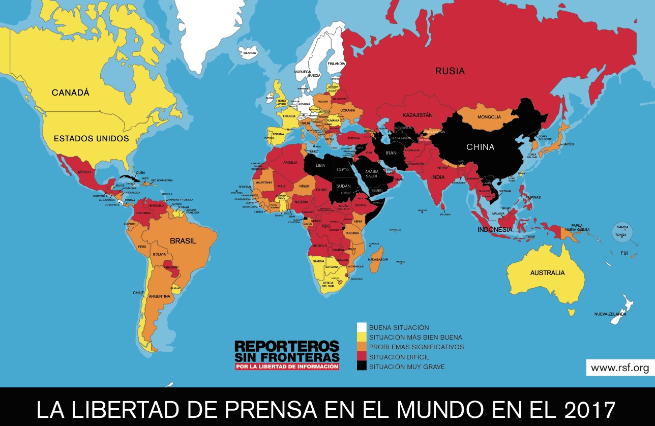 Mapa sobre la situación de la libertad de prensa, recogido en el informe 2017 de Reporteros Sin Fronteras.