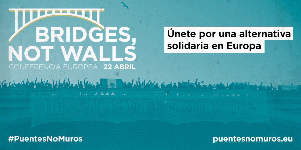 Cartel de la conferencia internacional impulsada por Podemos "Puentes, no muros" que se celebrará el 22 de abril en Madrid.