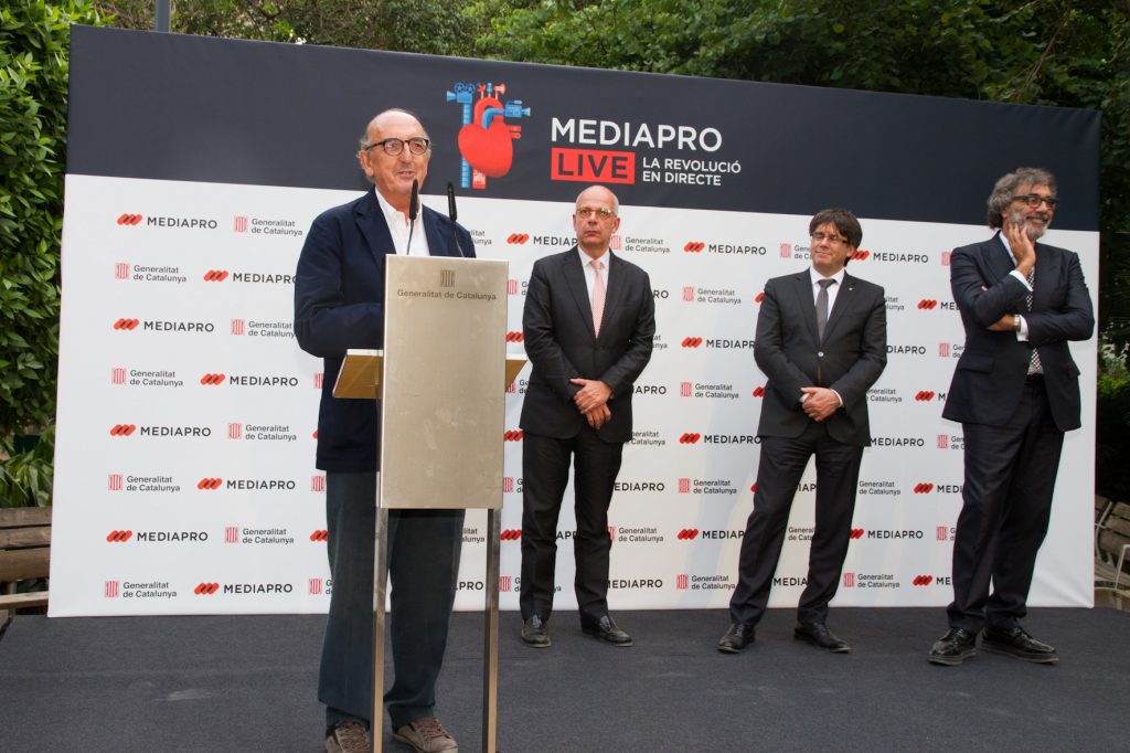 Jaume Roures, presidente de Mediapro, durante la presentación en Barcelona de la exposición "Mediapro LIVE la revolució en directe".