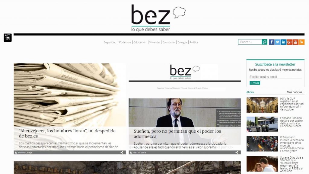 La última portada del diario digital bez.es, que hoy lunes 31 de agosto ha cesado su actividad después de dos años de andadura