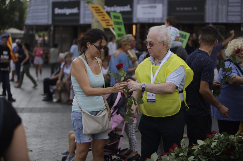 Un florista regala una rosa roja a una mujer