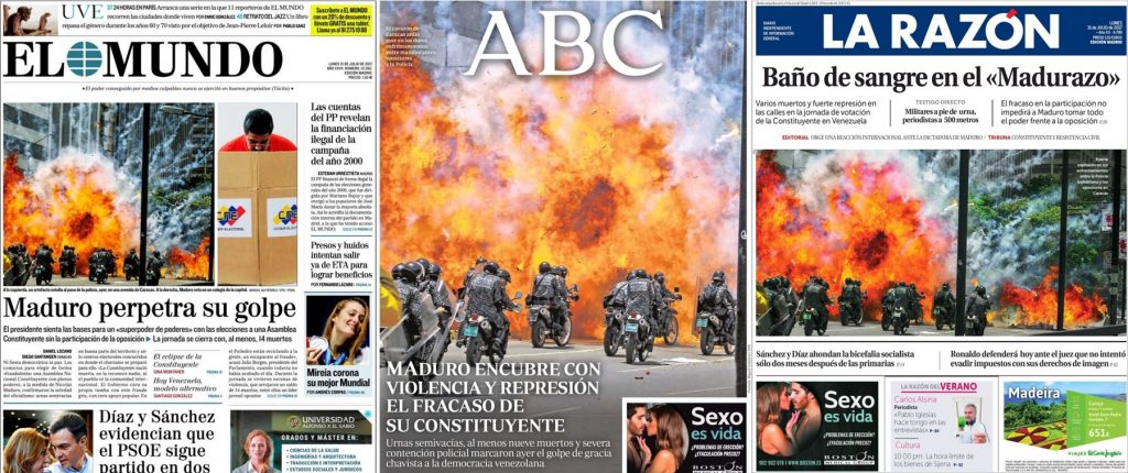 Parece que Marruecos está más lejos que Venezuela. Las portadas de El Mundo, ABC y La Razón del pasado 31 de julio, destacando el golpe de Estado de Nicolás Maduro