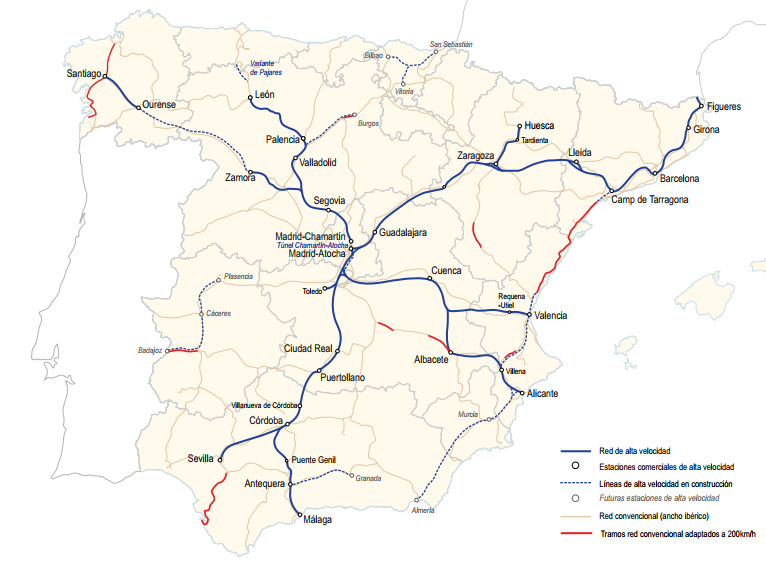 Mapa de la red ferroviaria de alta velocidad en España en abril de 2017.