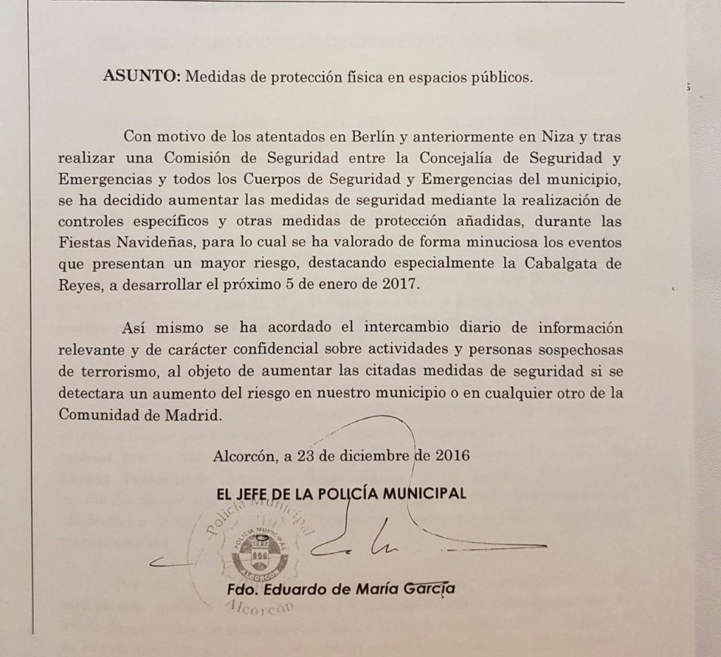 Comunicado firmado por el jefe de la Policía de Alcorcón, Eduardo de María García, sobre las medidas de seguridad acordados tras las recomendaciones del Ministerio del Interior.