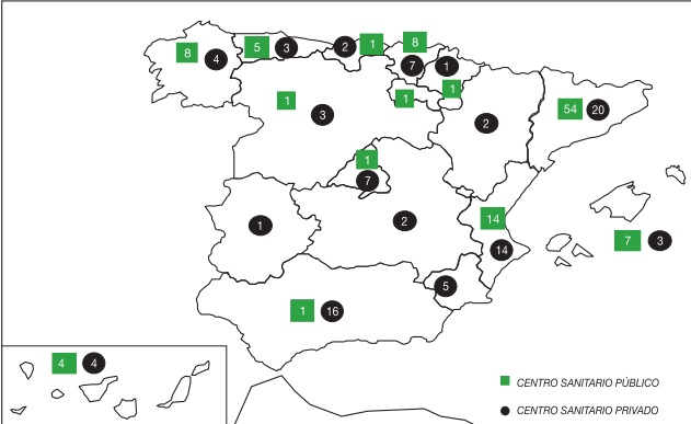 Centros en España que practicaron abortos en 2015.