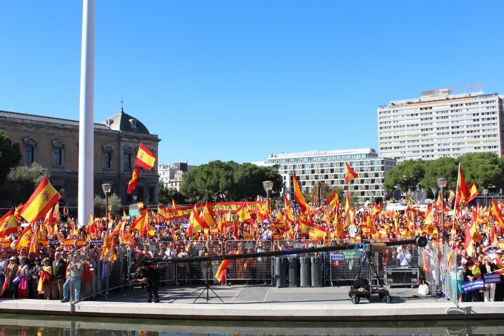 Manifestantes en la concentración de este sábado por la unidad de España y "contra los golpistas" de Cataluña en la Plaza de Colón en Madrid.