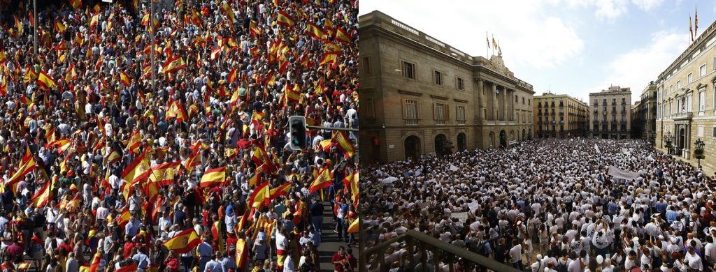 Manifestaciones en las plazas de Colon (Madrid), a la izquierda, y en la de Sant Jaume (Barcelona).