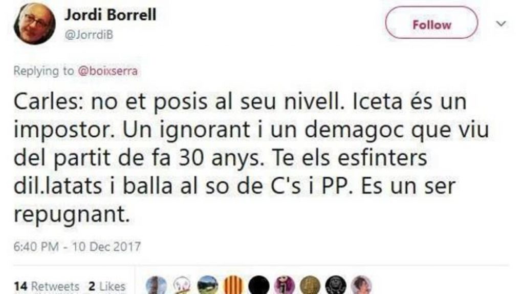 El tuit de Jordi Borrell con insultos al líder del PSC Miquel Iceta