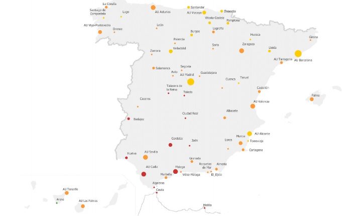 Mapa del ODS 8 (trabajo decente y crecimiento económico) en las ciudades españolas. / REDS